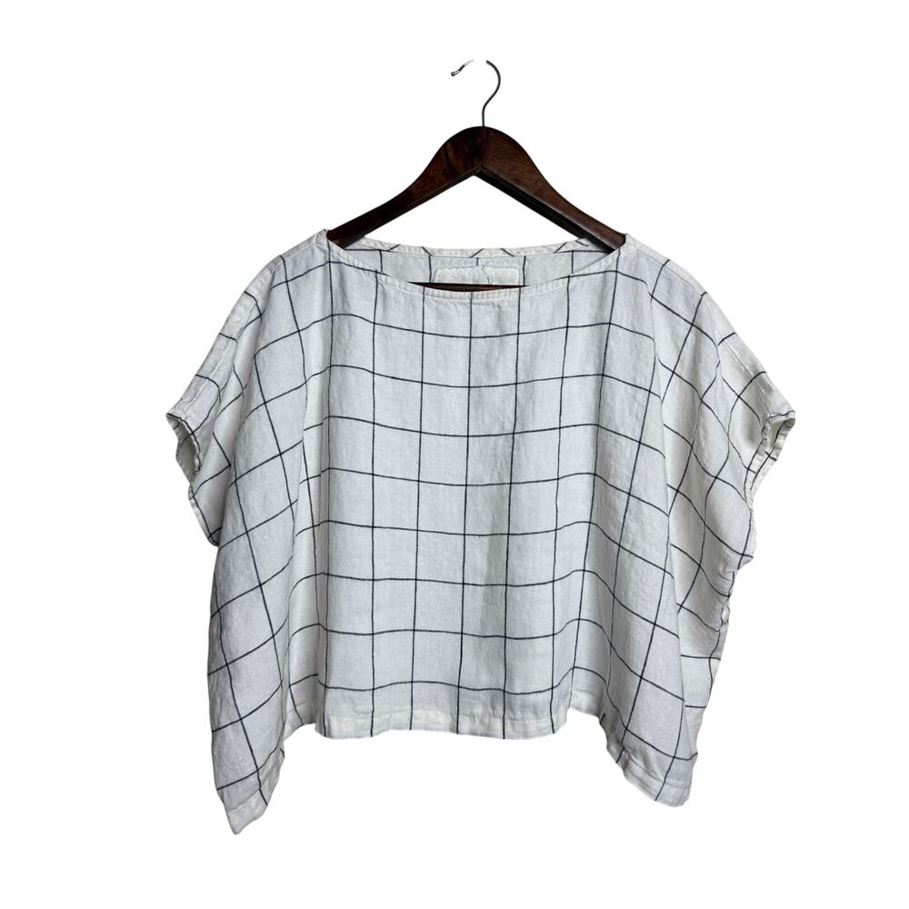 notPERFECTLINEN Windowpane Check 100% Linen Boxy Oversized Top One Size